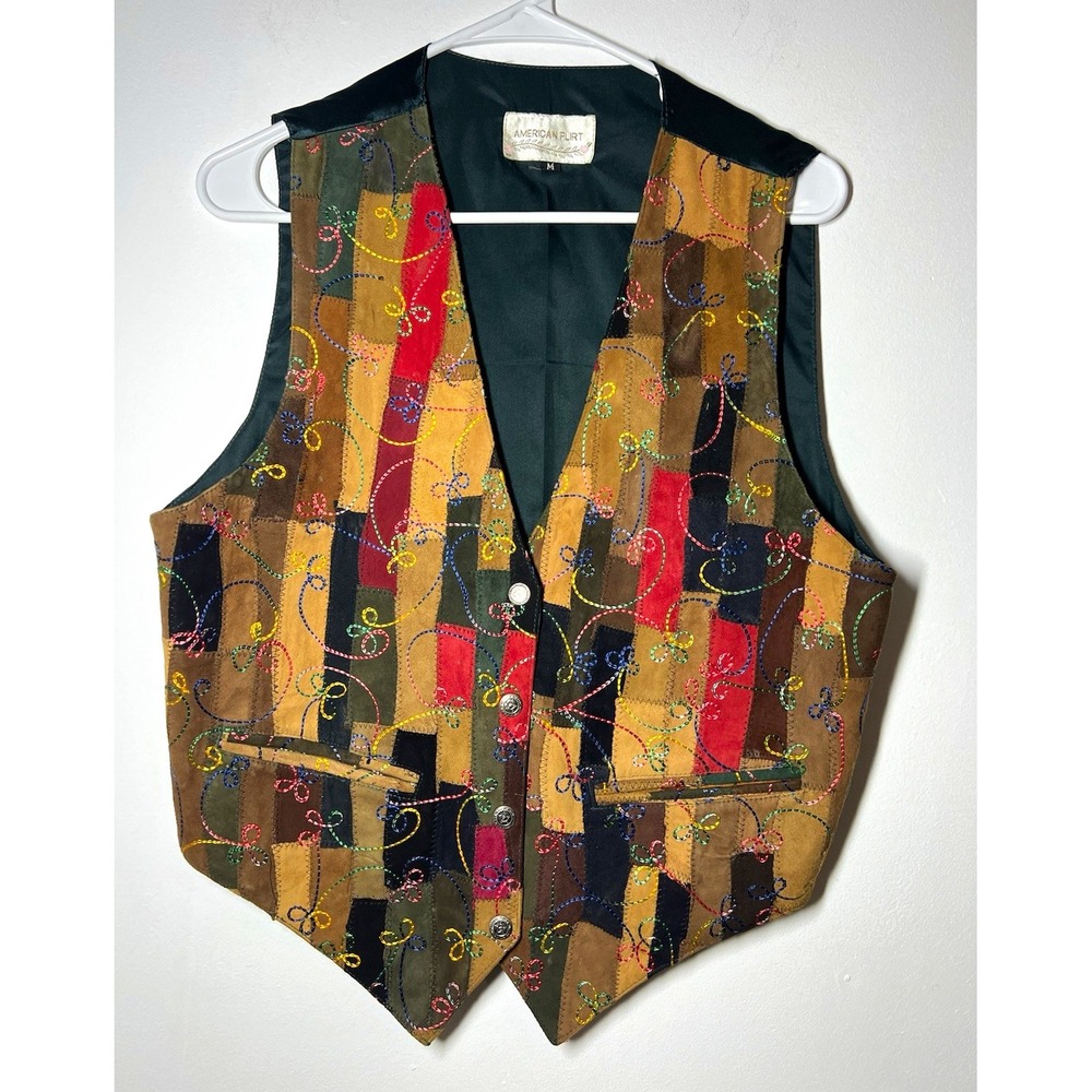 American Flirt Women's Leather Patchwork V-Neck Button Vest Pockets Sz M